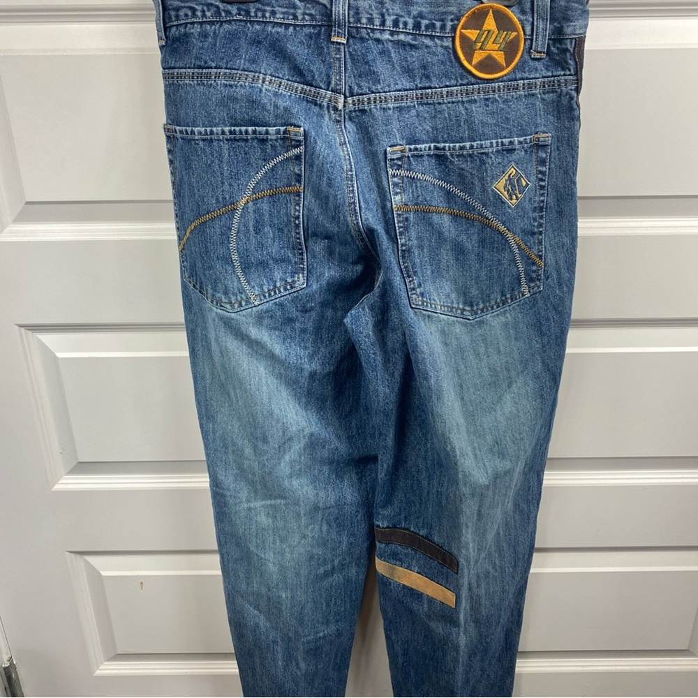Clench Jeans Mens Y2K Jeans 36x32 Denim Grunge  Hip Hop Suede Stipe 2 Tone Patch - Picture 6 of 10